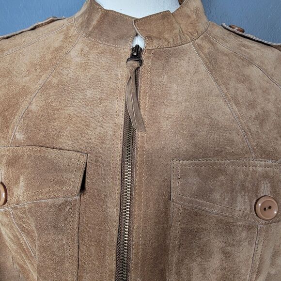 100% Suede Leather Tan M Motorcycle Style Jacket by Allan Denis - Picture 7 of 16